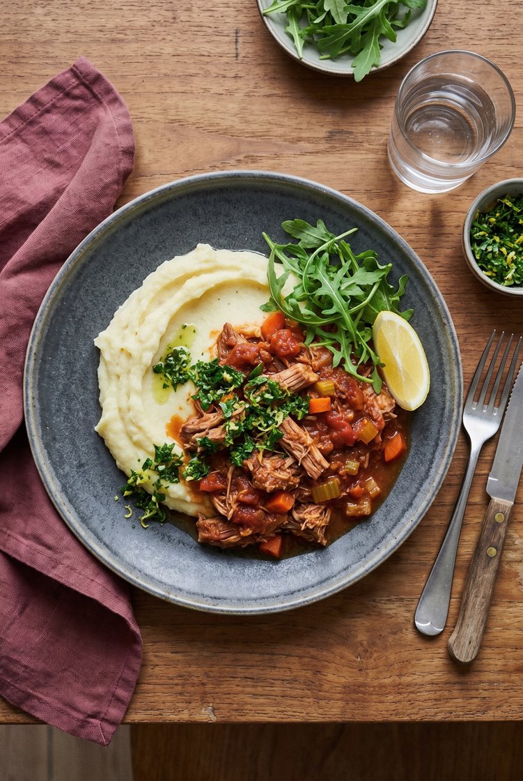 Pulled pork al sugo med kartoffelpuré og gremolata