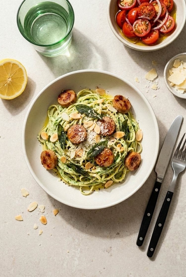 Pasta linguine med salsiccia- og salvietopping, grønn dressing og tomatsalat