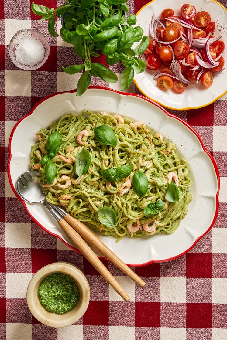 Linguine al pesto alla genovese - Pasta med hjemmelavet basilikumpesto og rejer