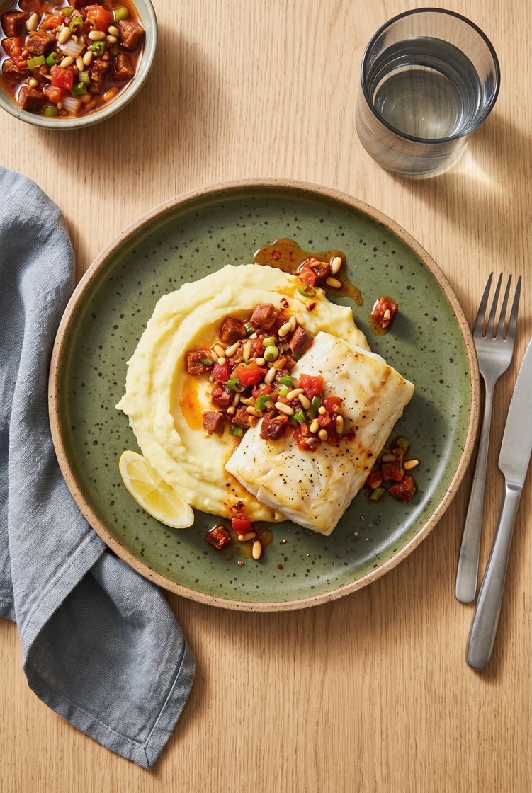 Ovnbagt hvid fisk med chorizosalsa og kartoffelmos