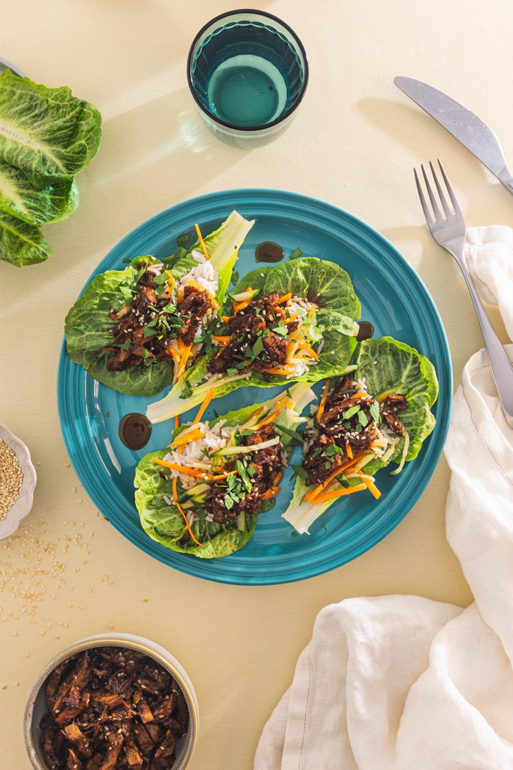 Bulgogi med plantechunks i hjertesalat med friske grønnsaker, koriander og ris