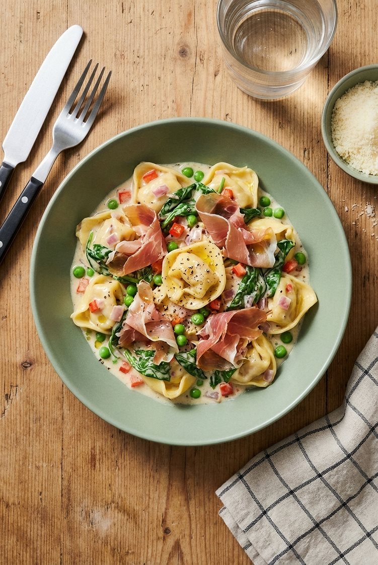 Steinsopptortelloni i kremet saus med parmaskinke og spinat