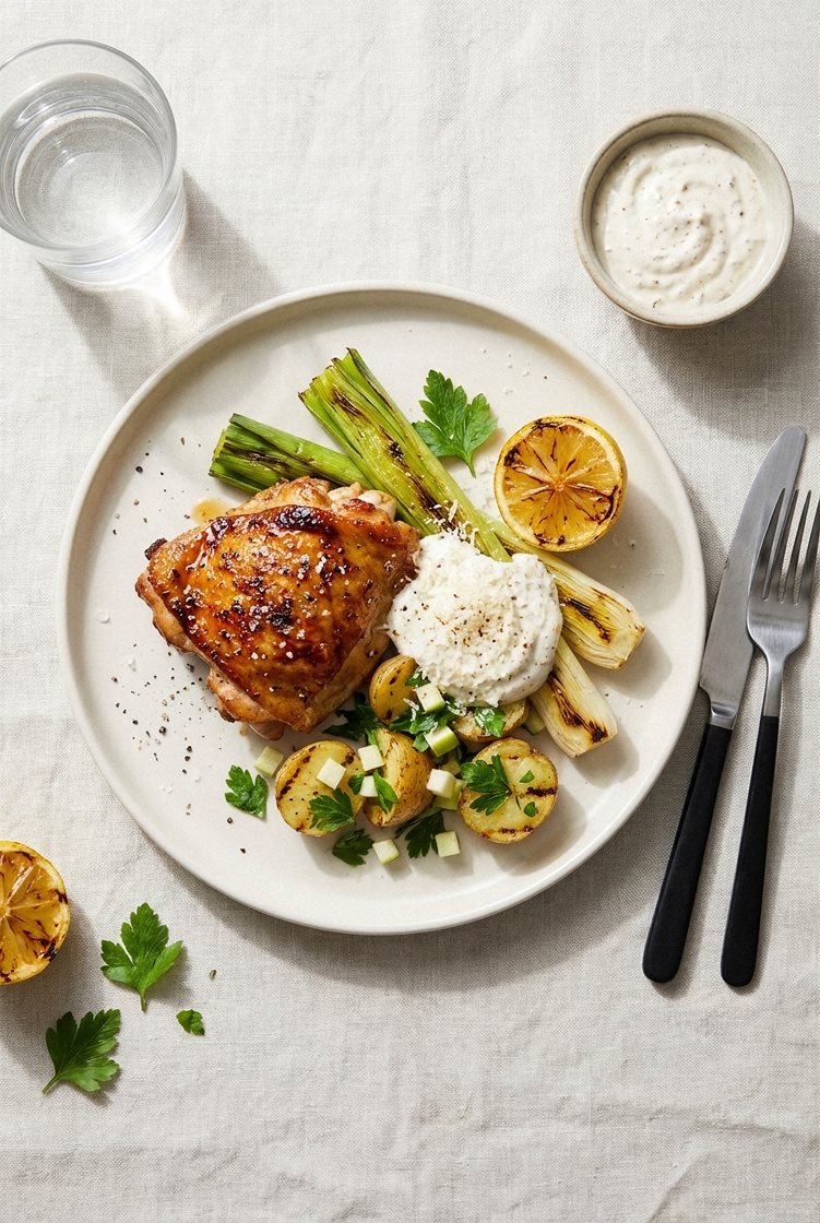 Grillet kyllinglår med skinn, myk purre, grillede poteter og Grana Padanokrem