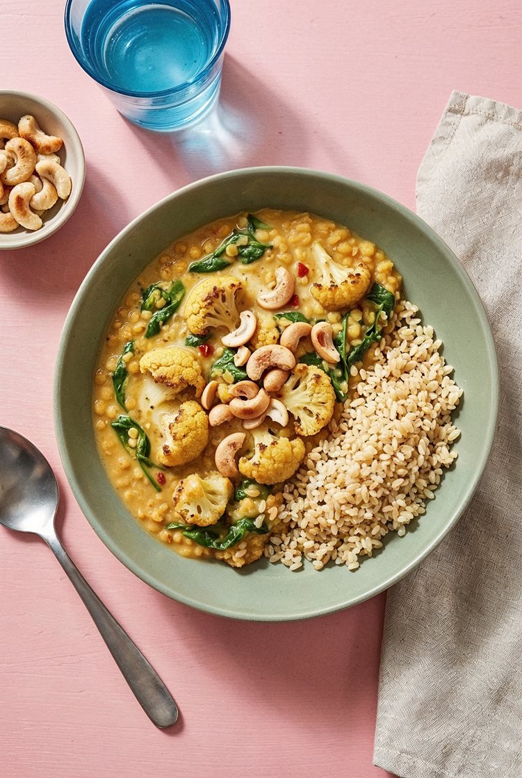 Karrygryde med linser, cashewnødder og ristet blomkål