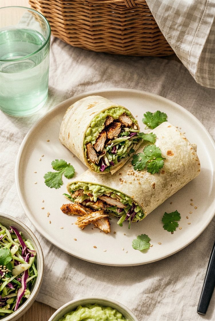 Picknick wrap med kryddstekt kyckling, coleslaw azteca och avokado