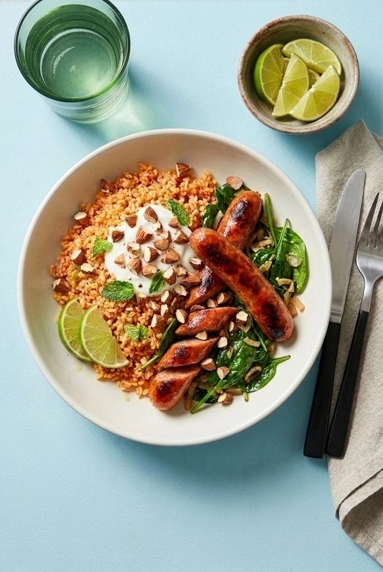 Linquica pølser med spinat og tomatbulgur, mynte og yoghurt