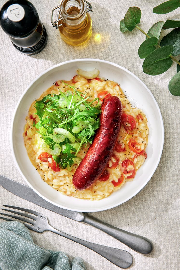 Rostad tomatrisotto med taleggio, chorizo och ruccolasallad