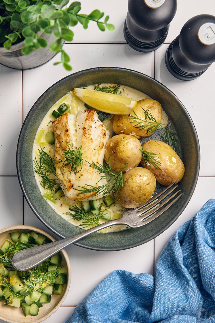 Kolja med gräddkokt purjolök och dillgremolata