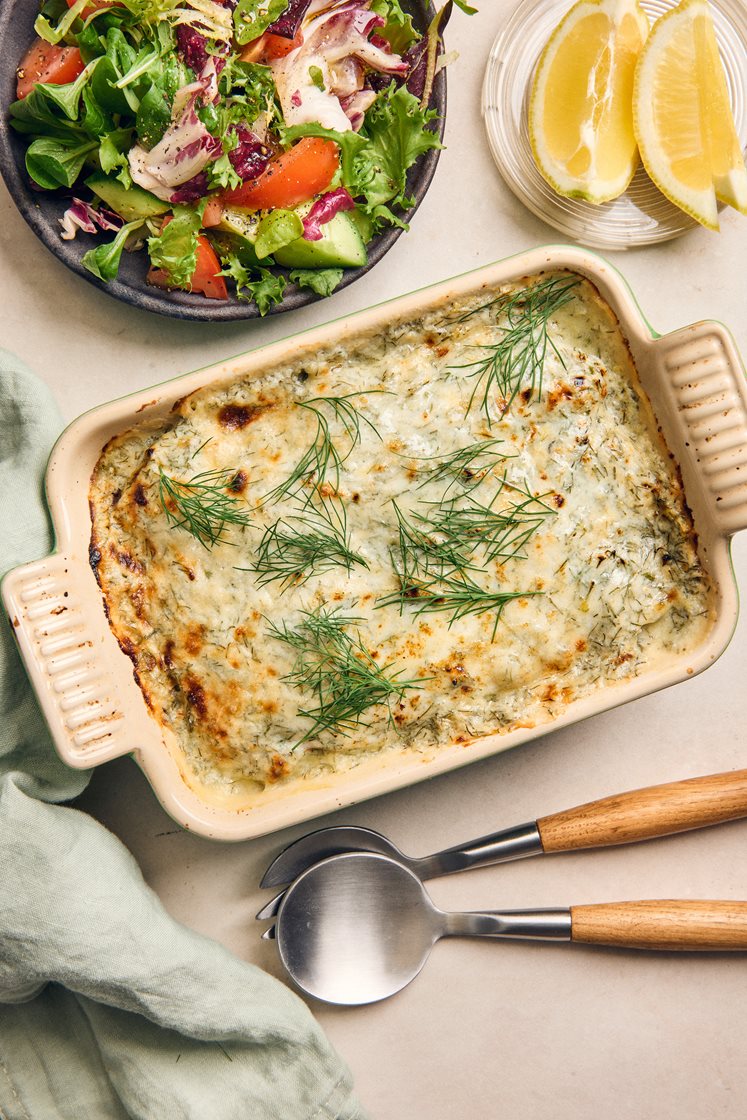 Fiskgratäng med potatisstomp, gräslök, fänkål och parmesan