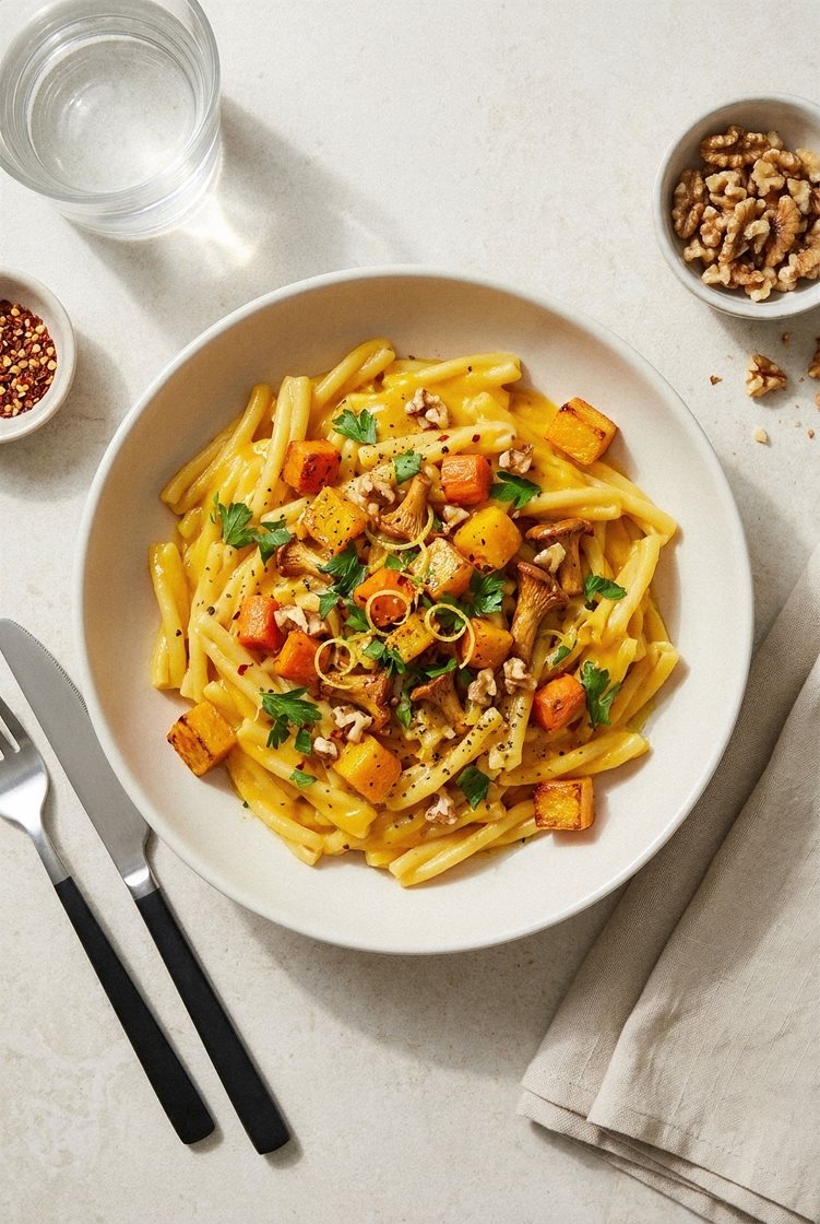 Pasta i kremet gresskarsaus med nøttestekte kantareller og persille