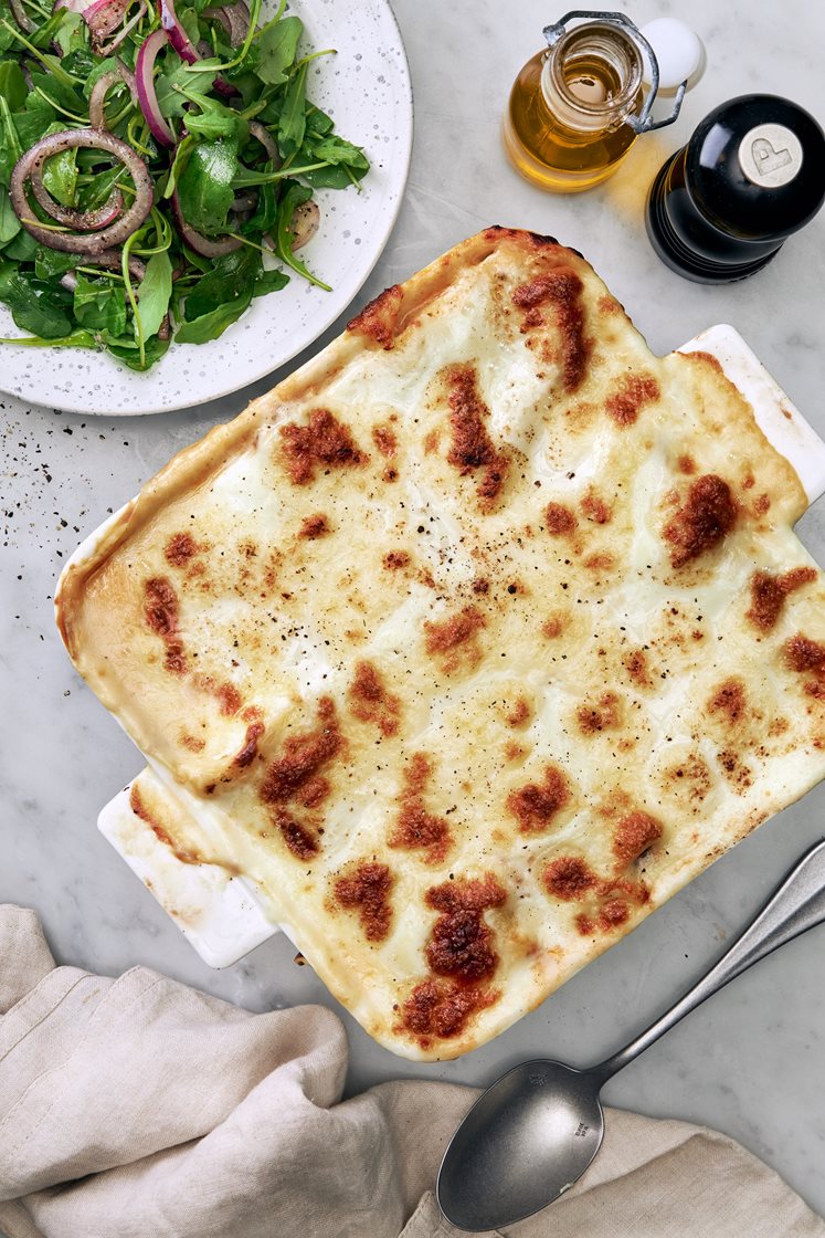 Lasagne al forno med ruccolasallad