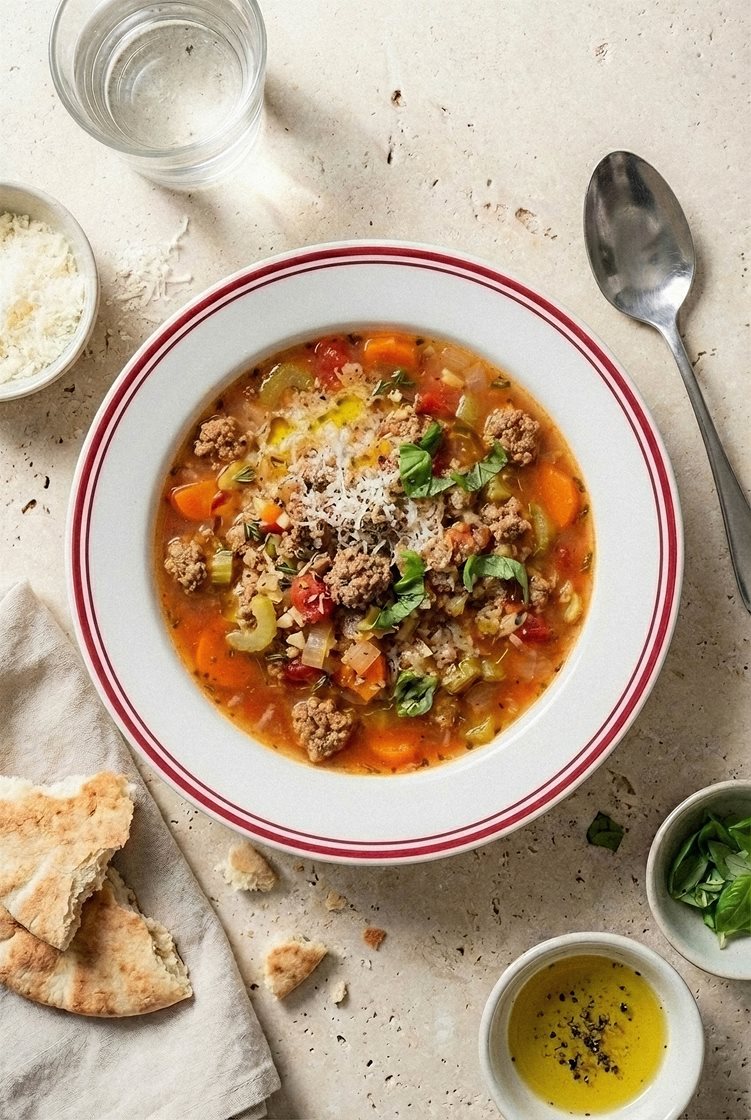 Italiensk bondesuppe med karbonadedeig, Grana Padano og frisk basilikum