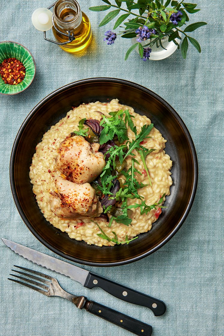 Risotto med ugnsrostad kyckling, parmesan och ruccola