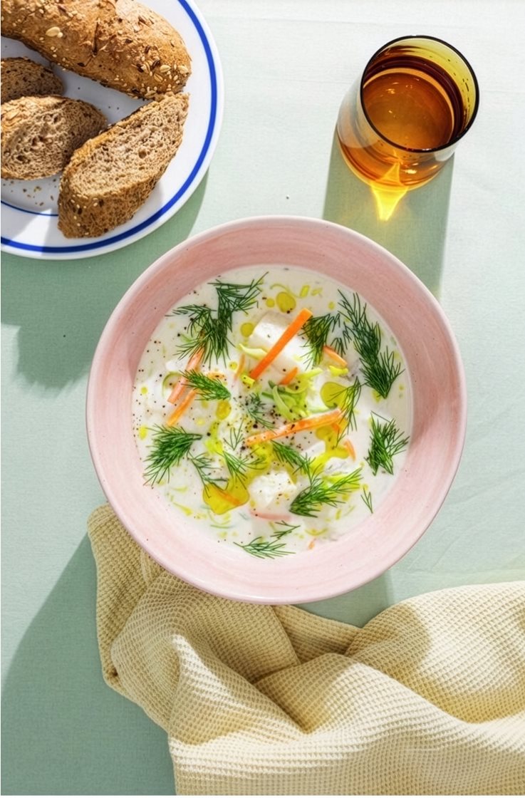 Hjemmelaget fiskesuppe med sei, dill og grove bagetter