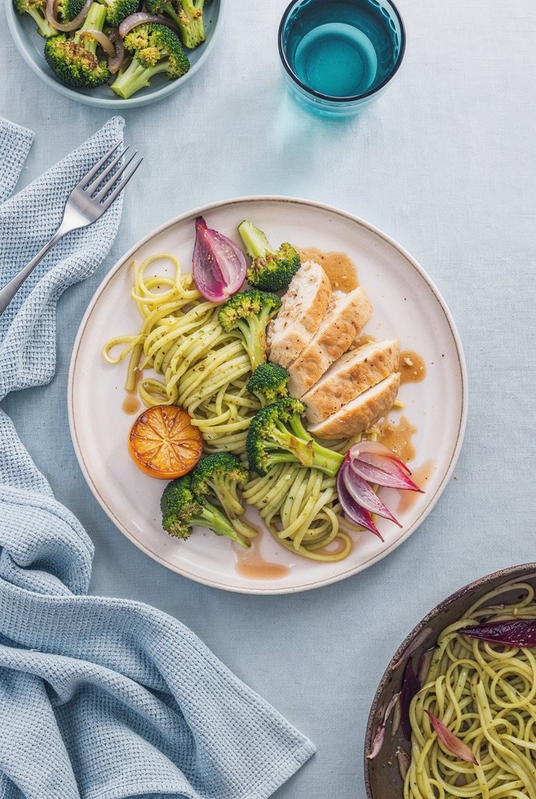 Pasta og grønn pesto med kyllingfilet, bakt rødløk, stekt sitron og brokkoli