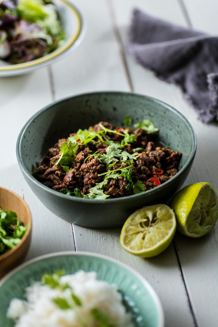 Asian beef med jasminris, koriander og salat med vårløk og reddiker