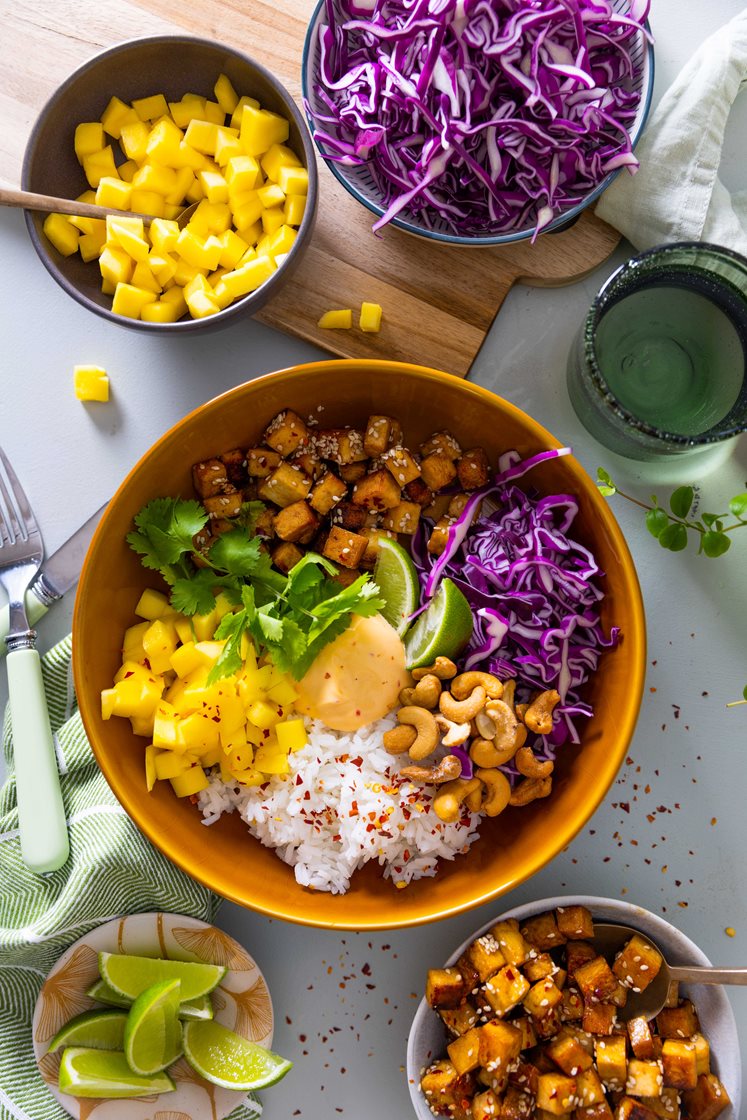 Bowl med ponzumarineret tofu, rødkål og mango