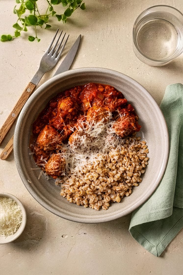 Meatballs i tomatsauce med hvedekerner 