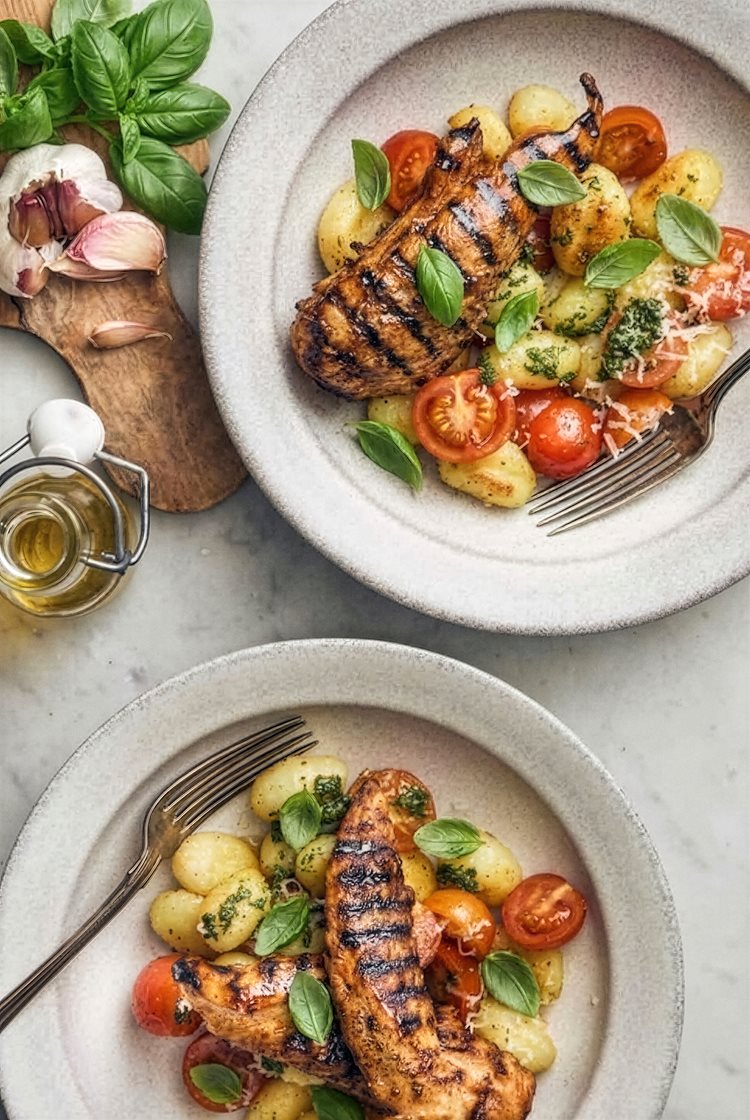 Marinerad kyckling med stekt potatisgnocchi, basilika och parmesan