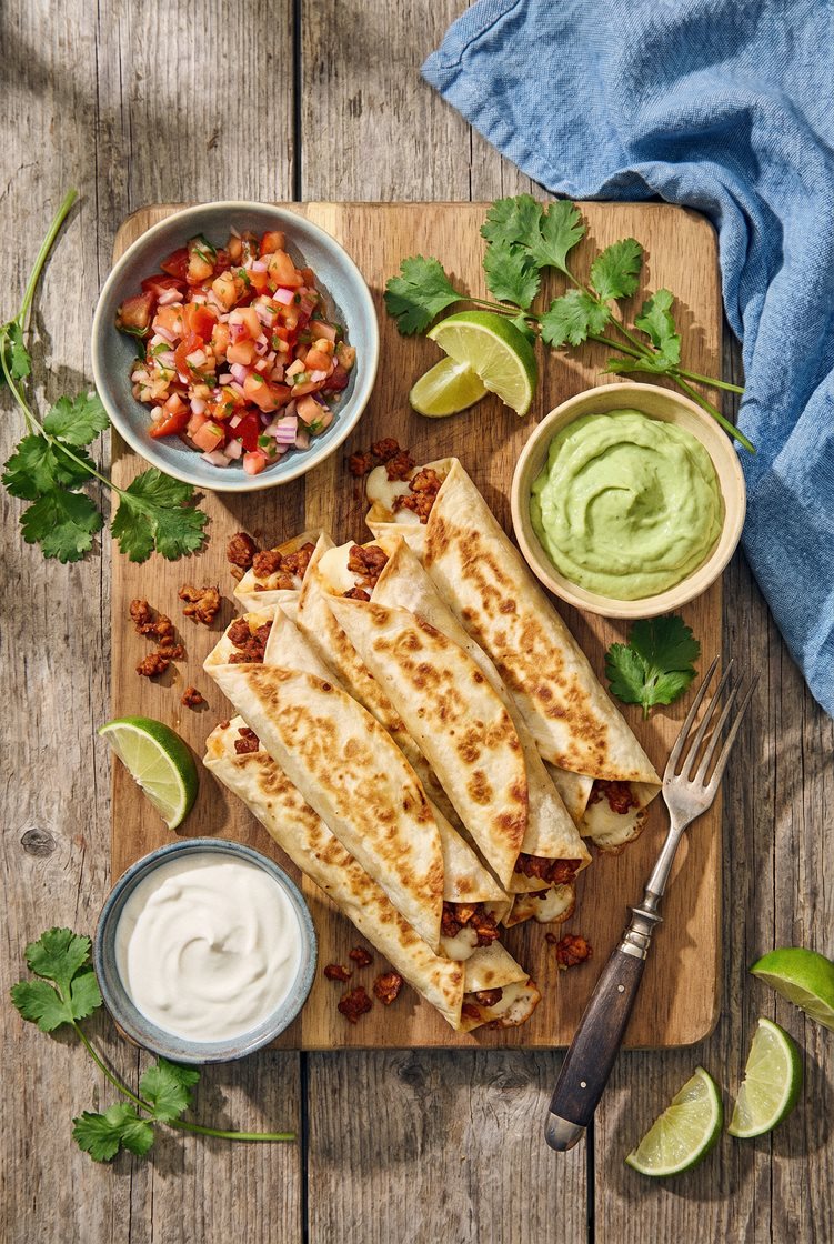 Taquitos med chorizofärs, guacamole, tomatsalsa och koriander