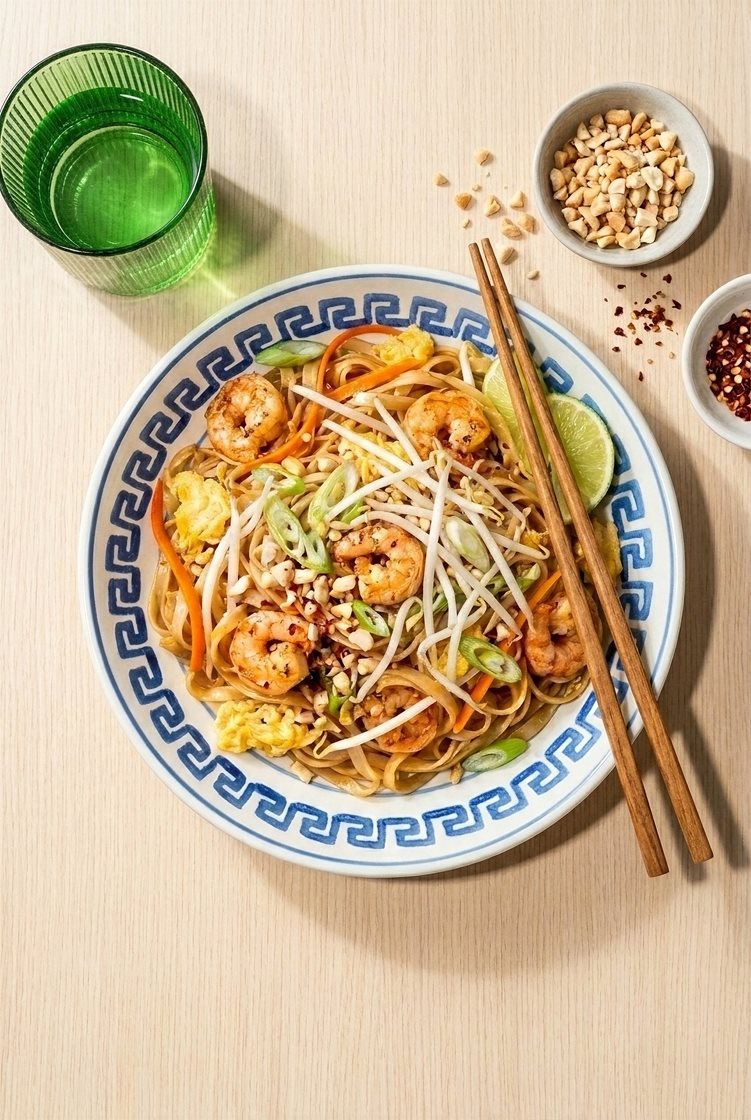 Pad thai med scampi og risnudler