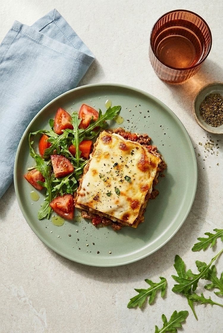 Hjemmelaget lasagne med ruccola- og tomatsalat