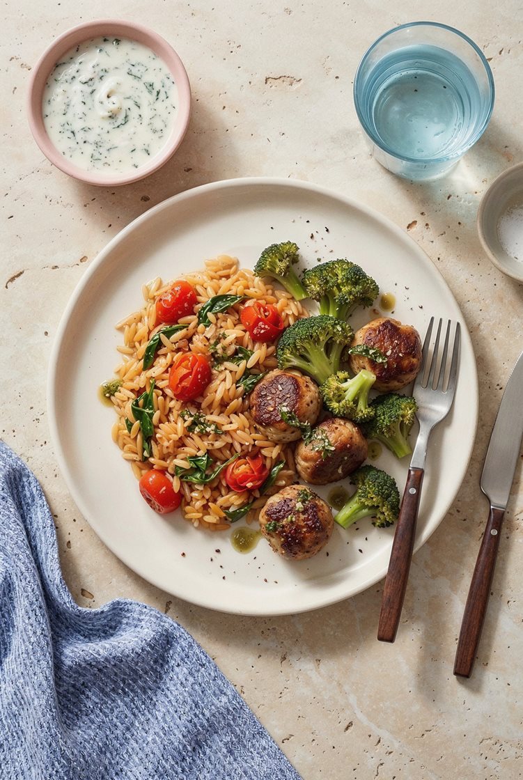 Salsicciabullar med tomatrisoni, broccoli och örtdressing