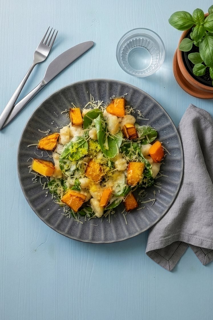 Gnocchi i cremet spinat med ovnbagt græskar