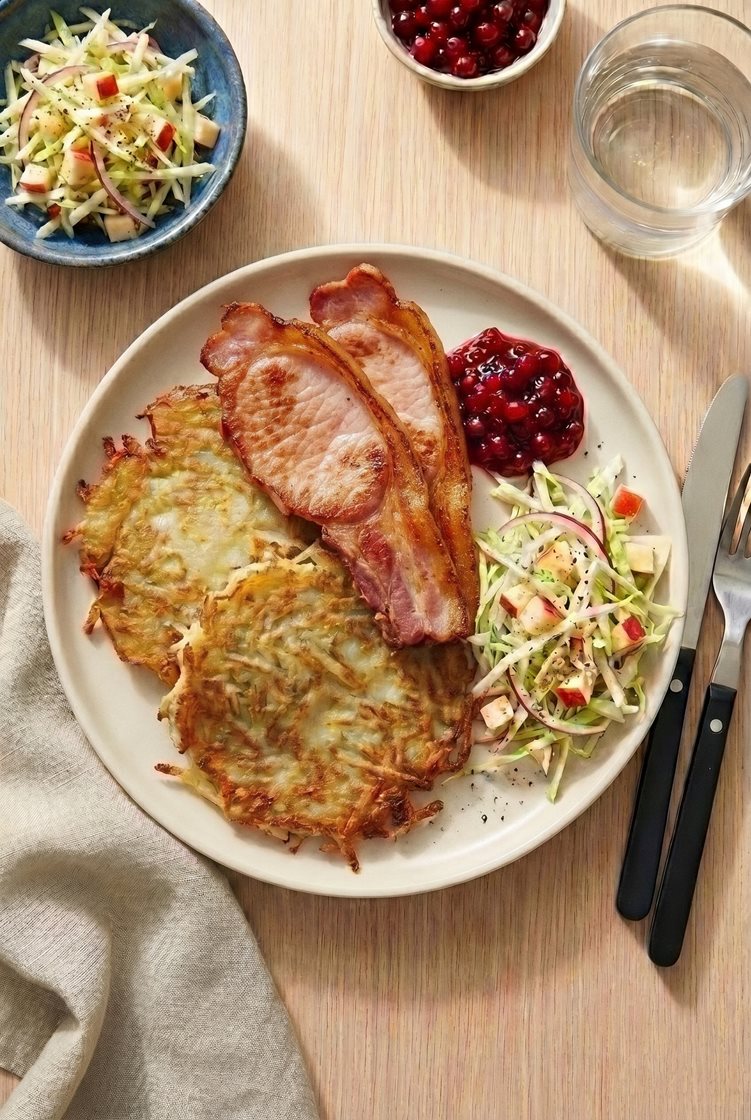 Svensk raggmunk med eple- og spisskålsalat, stekt bacon og rørte tyttebær