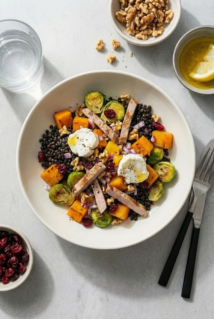 Varm høstsalat med gresskar, linser, chevre og tynnskåret svinekam