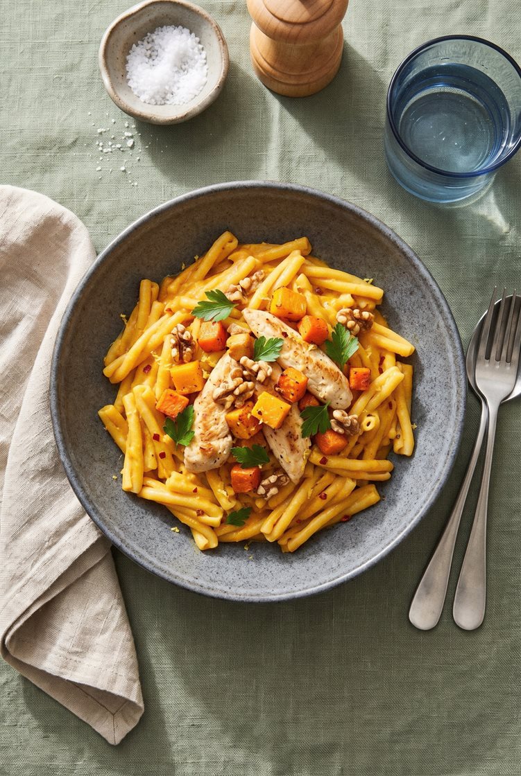 Pasta i cremet græskarsauce med kylling, valnødder og persille