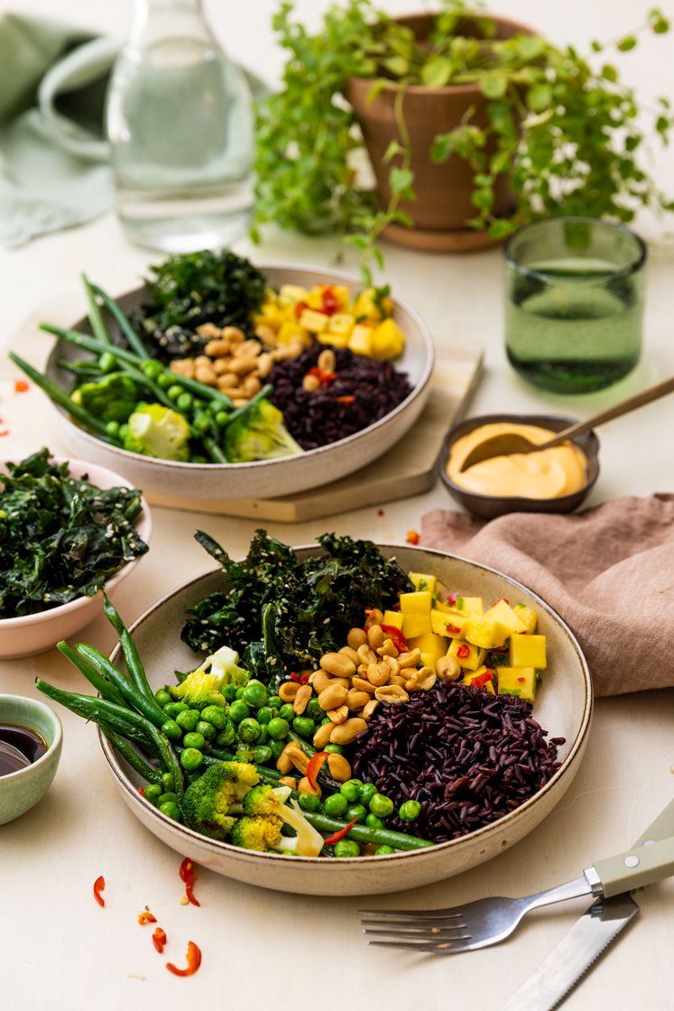 Vegetarisk bowl med grønnkålchips, mangosalat og chilimajones