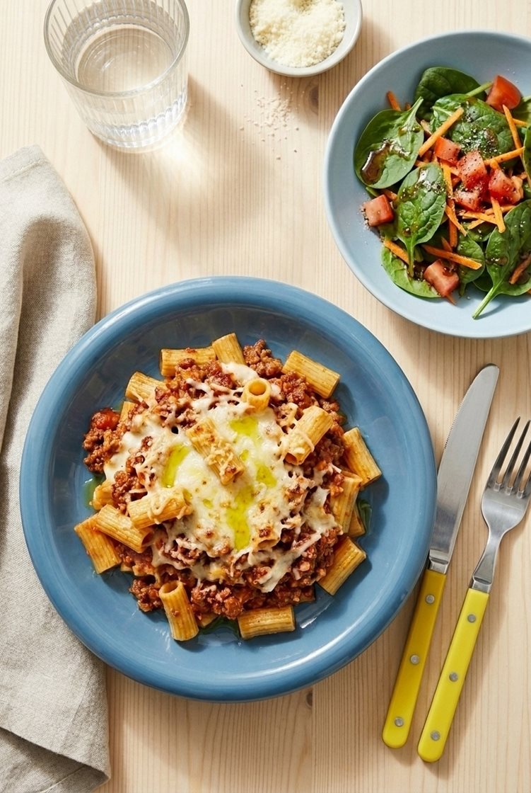 Pasta al forno med mezze maniche, bolognesesaus og spinatsalat