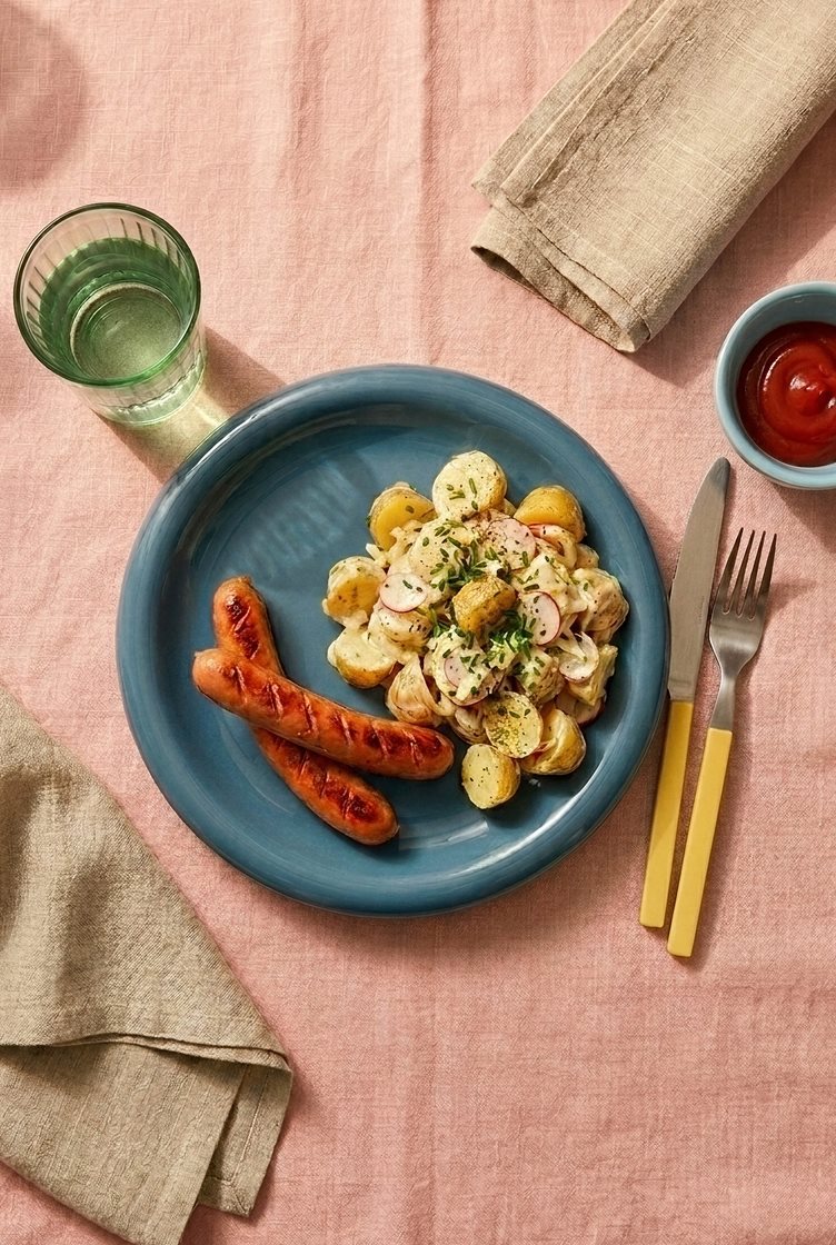 Grillpølser med linquica og klassisk kartoffelsalat med purløg
