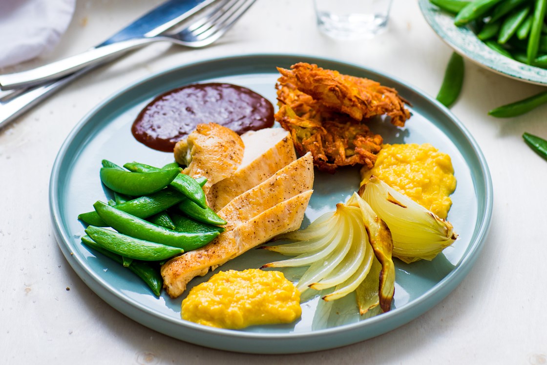 Kyllingfilet med kremet mais, barbecuesaus og røstipoteter 