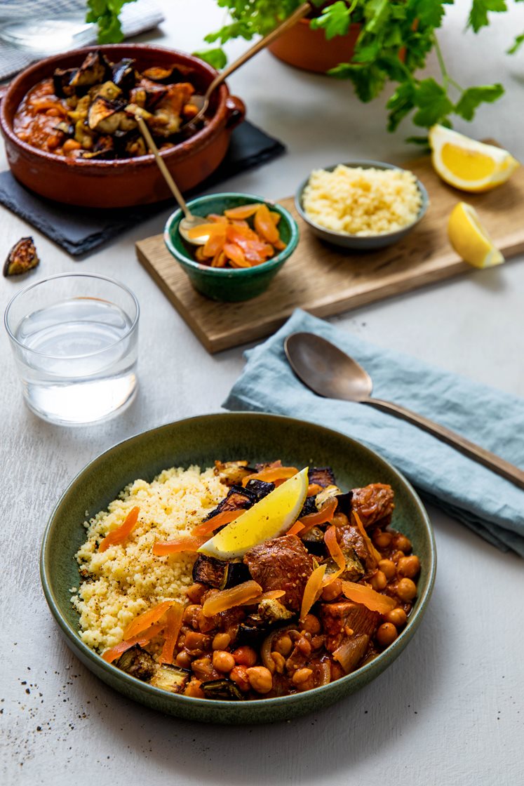 Marokkansk biffgryte med ovnsbakt aubergine og couscous