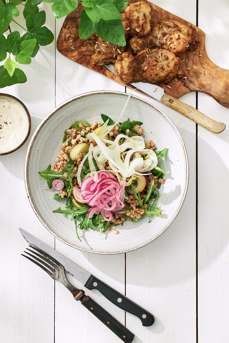 Fänkålsstekt kyckling med nektarinsallad och krämig parmesandressing