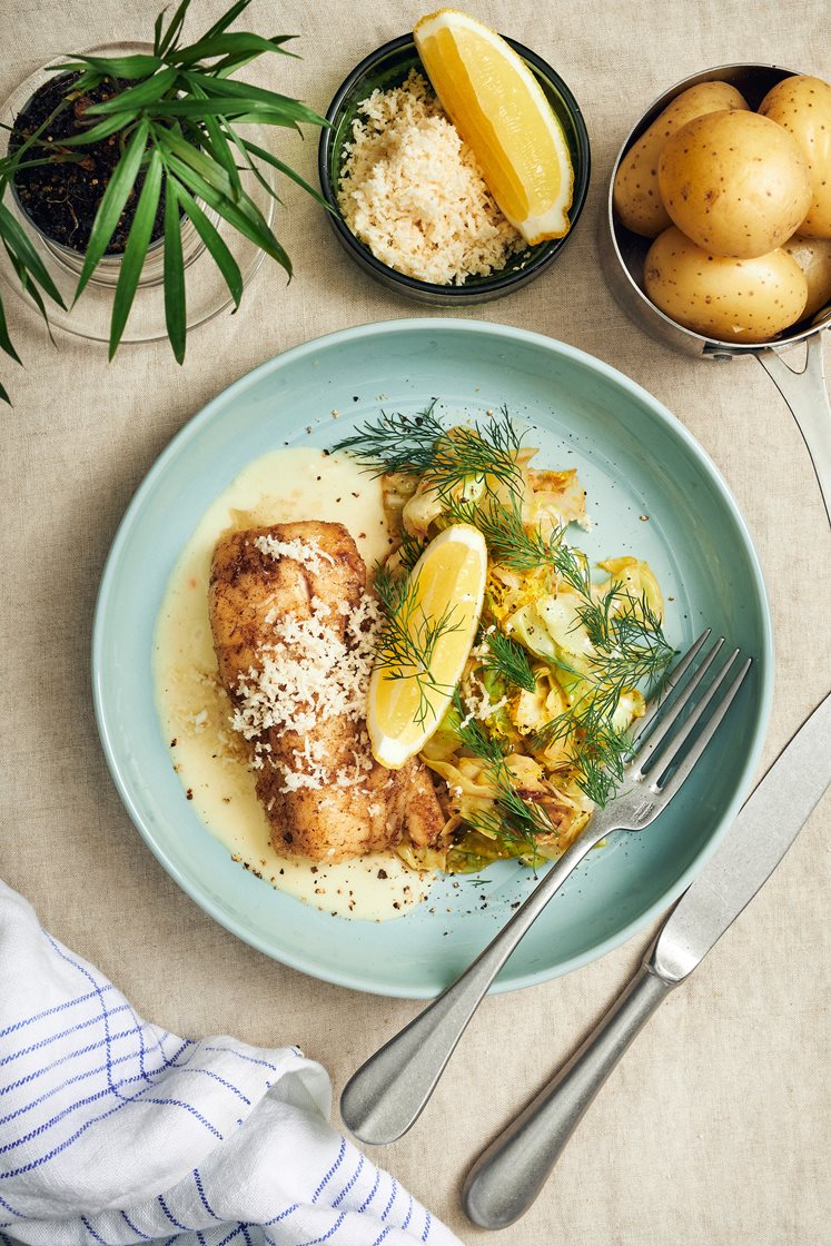 Smörstekt kolja med pepparrotssås, dill, spetskål och citron