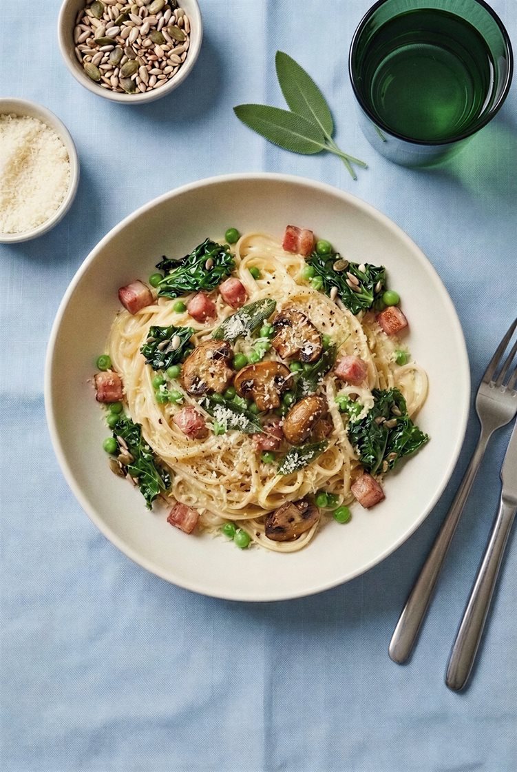 Kremet linguine med salviestekt sopp, grønne erter og bacon- og svartkåltopping