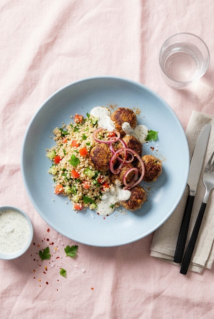 Kjøtt- og grønnsaksboller med tabbouleh og urtedressing