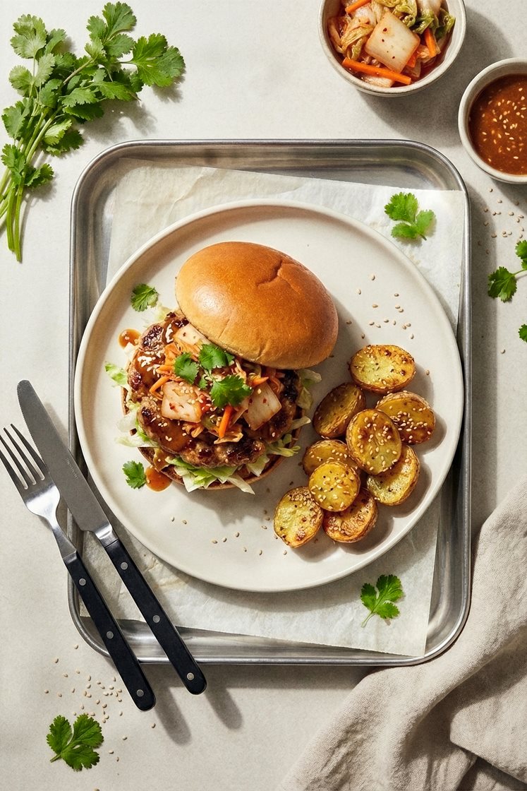 Koreansk smash porkburger med kimchi, koriander och sesamrostad potatis