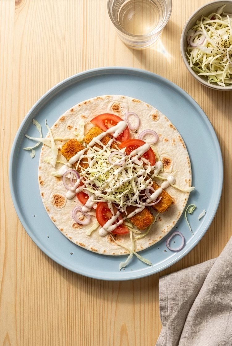 Fish taco wrap med syrlig kålsalat og hvitløksdressing