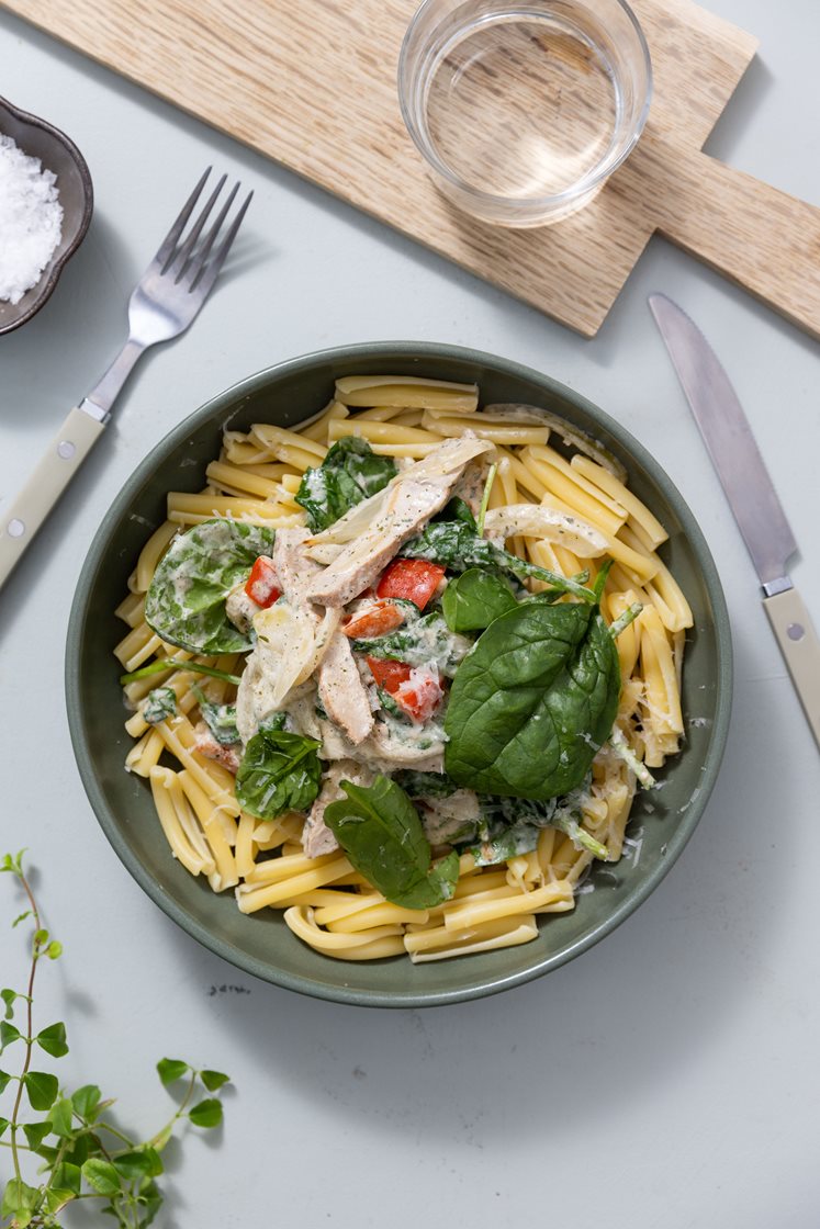 Pasta med svinestrimler og paprika i mild ostesaus