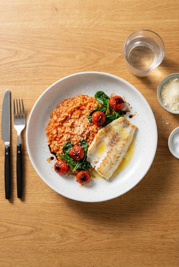 Smørstekt uerfilet med tomatisert risotto, balsamicobakte cherrytomater og spinat