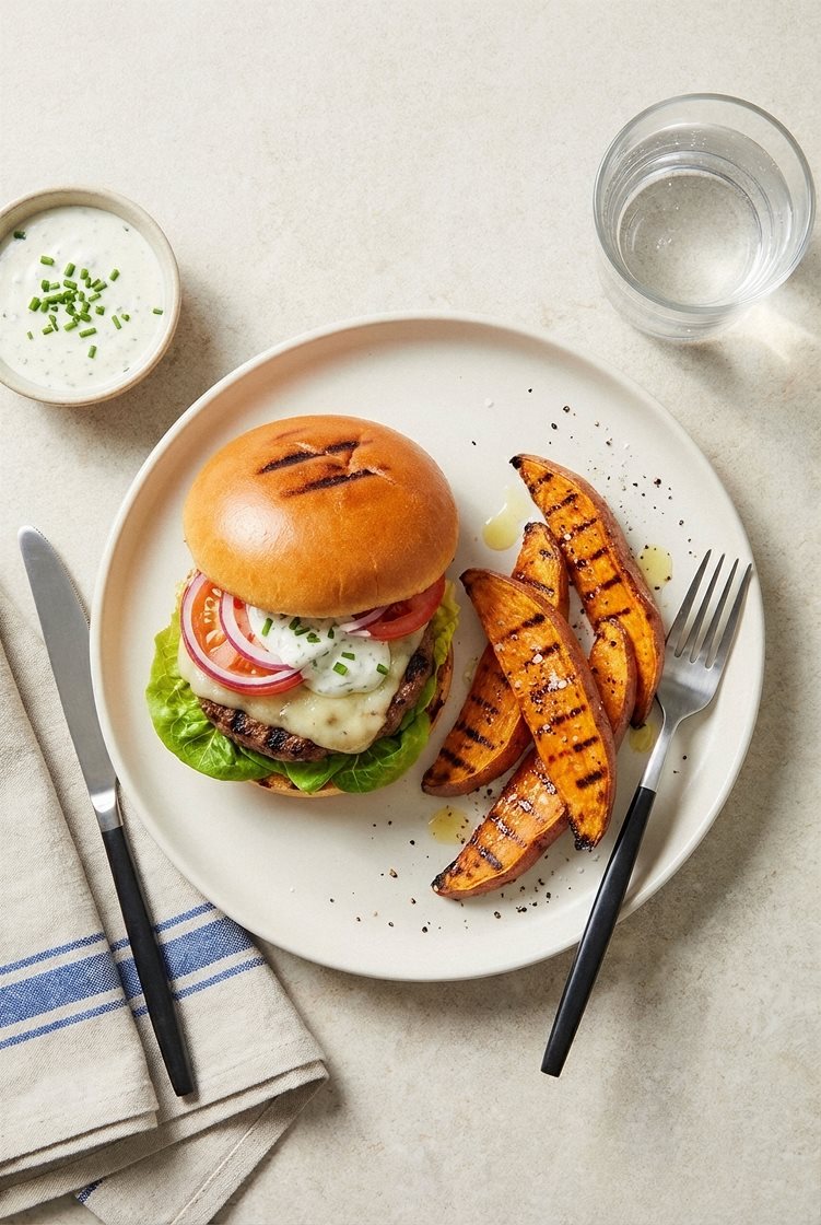 Grillet cheeseburger i briochebrød med ranchdressing, hjertesalat og søtpotet