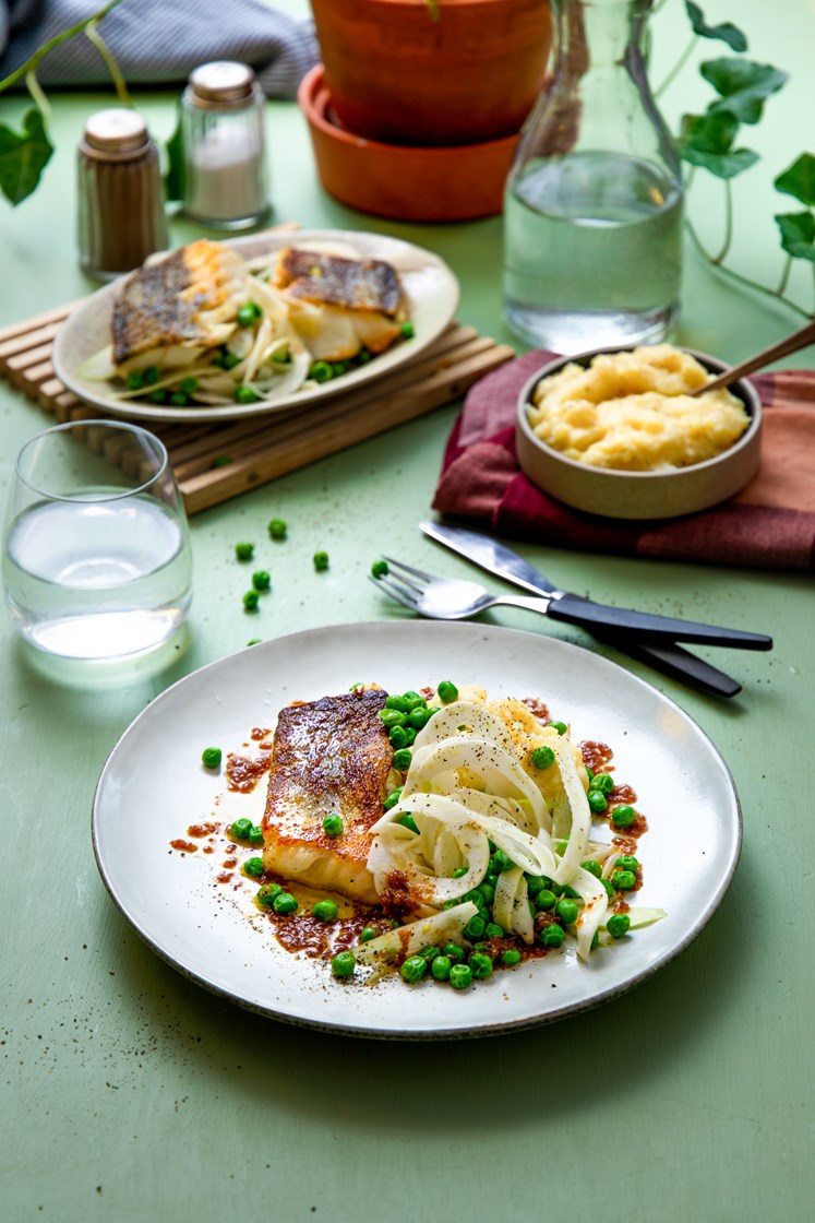Torskefilet med sprøtt skinn og potetmos, soyasmør, grønne erter og fennikelsalat 