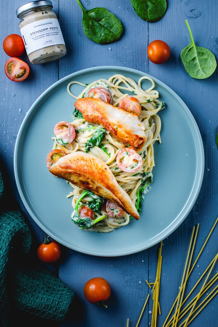 Spaghettoni med steinsopp-pesto, cherrytomater og kylling