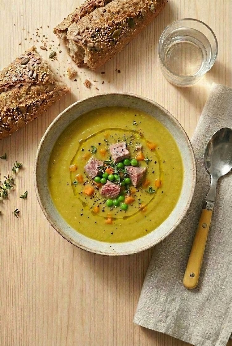Grønn ertesuppe med mørkokt svinebog og bagett