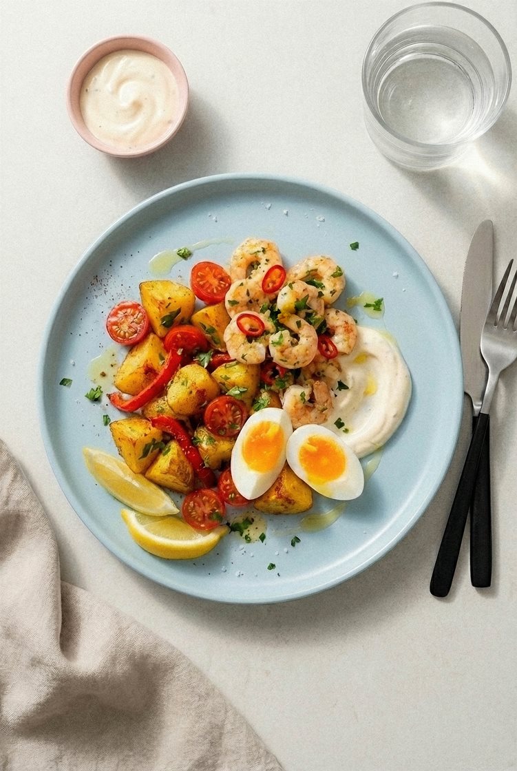 Marinerte scampi med paprikapoteter, egg og hvitløksdressing