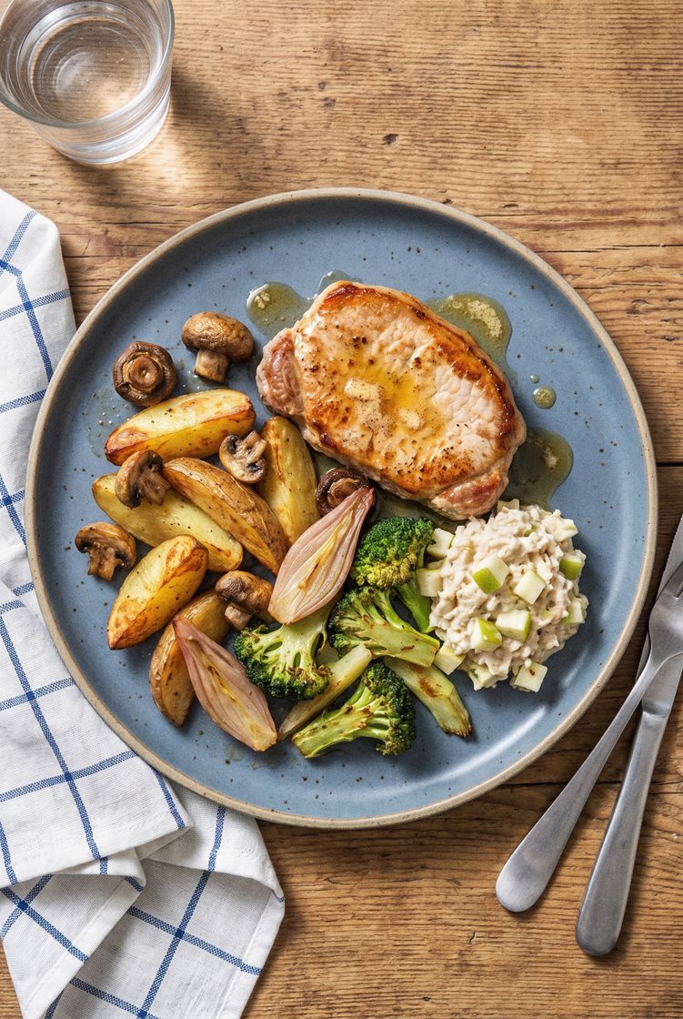  Kryddig fläskkotlett med ugnsrostad potatis och svamp, stekt broccoli och selleriremolad
